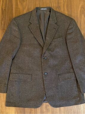 Oscar de la Renta Tweed Blazer 42S Lambswool Elbow Patch Brown